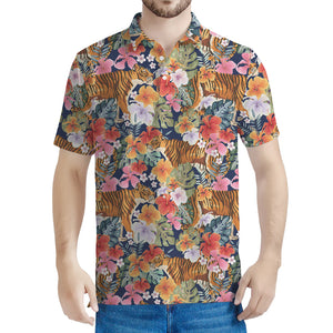 Flower And Tiger Pattern Print Men's Polo Shirt