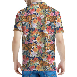 Flower And Tiger Pattern Print Men's Polo Shirt