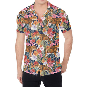 Flower And Tiger Pattern Print Men's Shirt