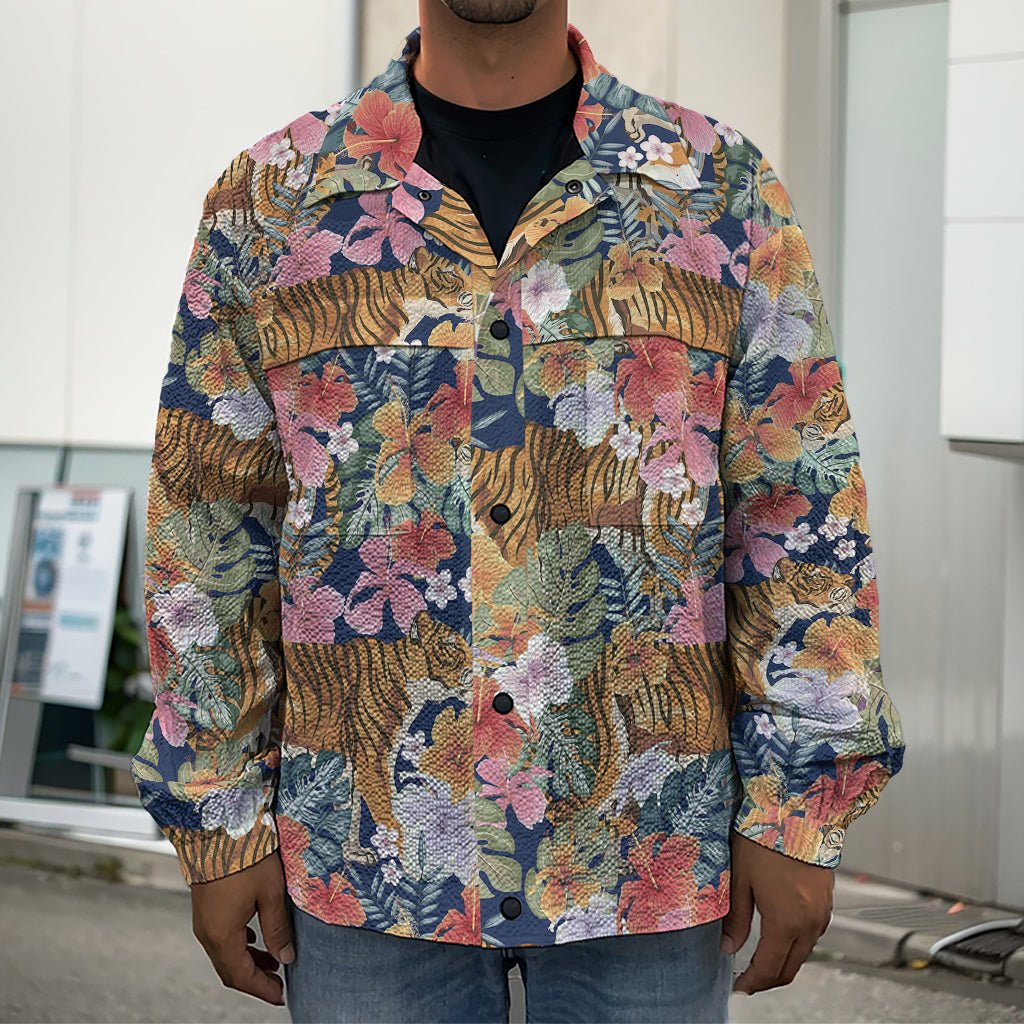 Flower And Tiger Pattern Print Men's Shirt Jacket