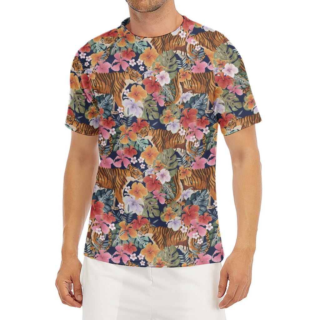 Flower And Tiger Pattern Print Men's Short Sleeve Rash Guard