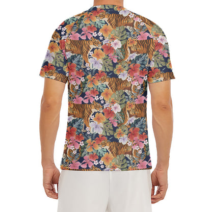 Flower And Tiger Pattern Print Men's Short Sleeve Rash Guard