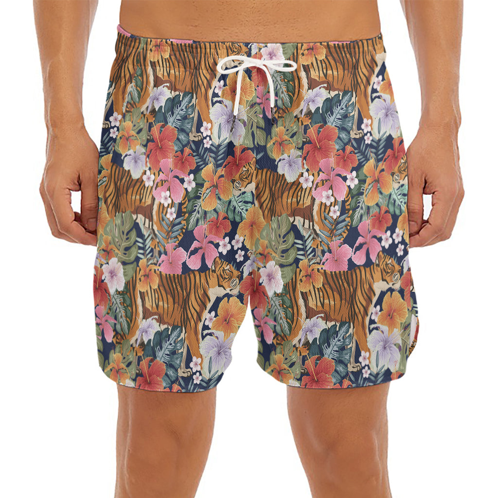 Flower And Tiger Pattern Print Men's Split Running Shorts