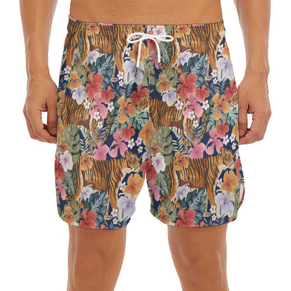 Flower And Tiger Pattern Print Men's Split Running Shorts