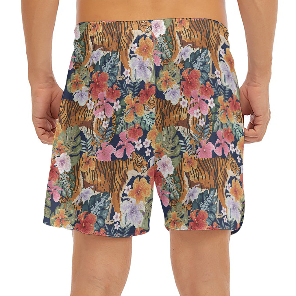 Flower And Tiger Pattern Print Men's Split Running Shorts