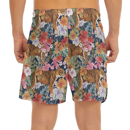 Flower And Tiger Pattern Print Men's Split Running Shorts