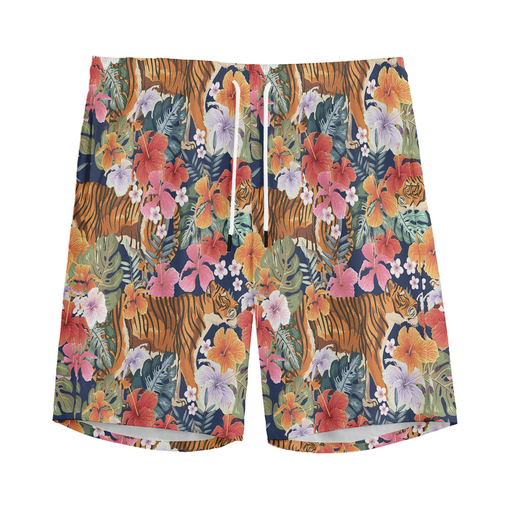 Flower And Tiger Pattern Print Men's Sports Shorts