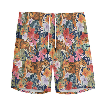 Flower And Tiger Pattern Print Men's Sports Shorts