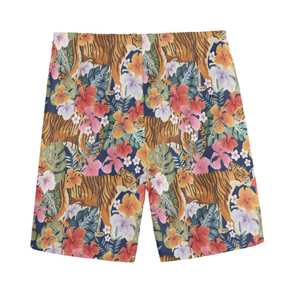 Flower And Tiger Pattern Print Men's Sports Shorts