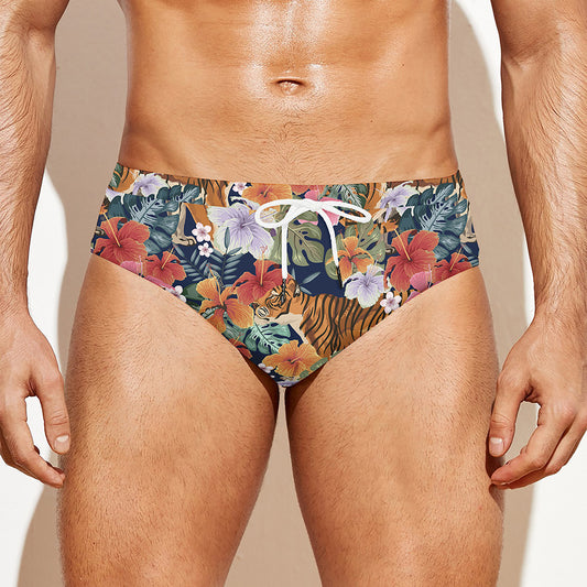 Flower And Tiger Pattern Print Men's Swim Briefs