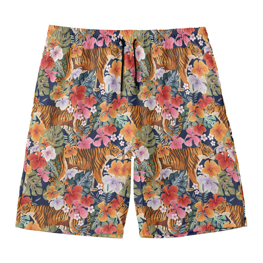 Flower And Tiger Pattern Print Men's Swim Trunks