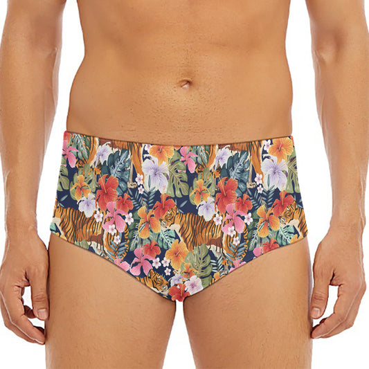 Flower And Tiger Pattern Print Men's Triangle Swim Briefs