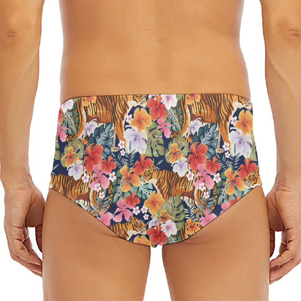 Flower And Tiger Pattern Print Men's Triangle Swim Briefs