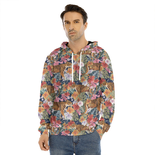 Flower And Tiger Pattern Print Men's Velvet Pullover Hoodie