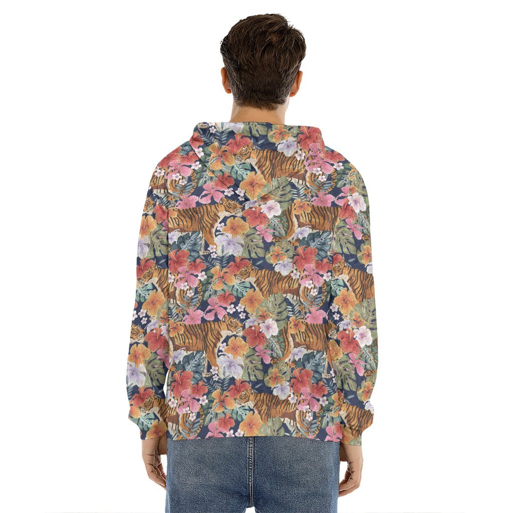 Flower And Tiger Pattern Print Men's Velvet Pullover Hoodie