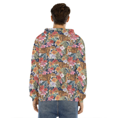 Flower And Tiger Pattern Print Men's Velvet Pullover Hoodie