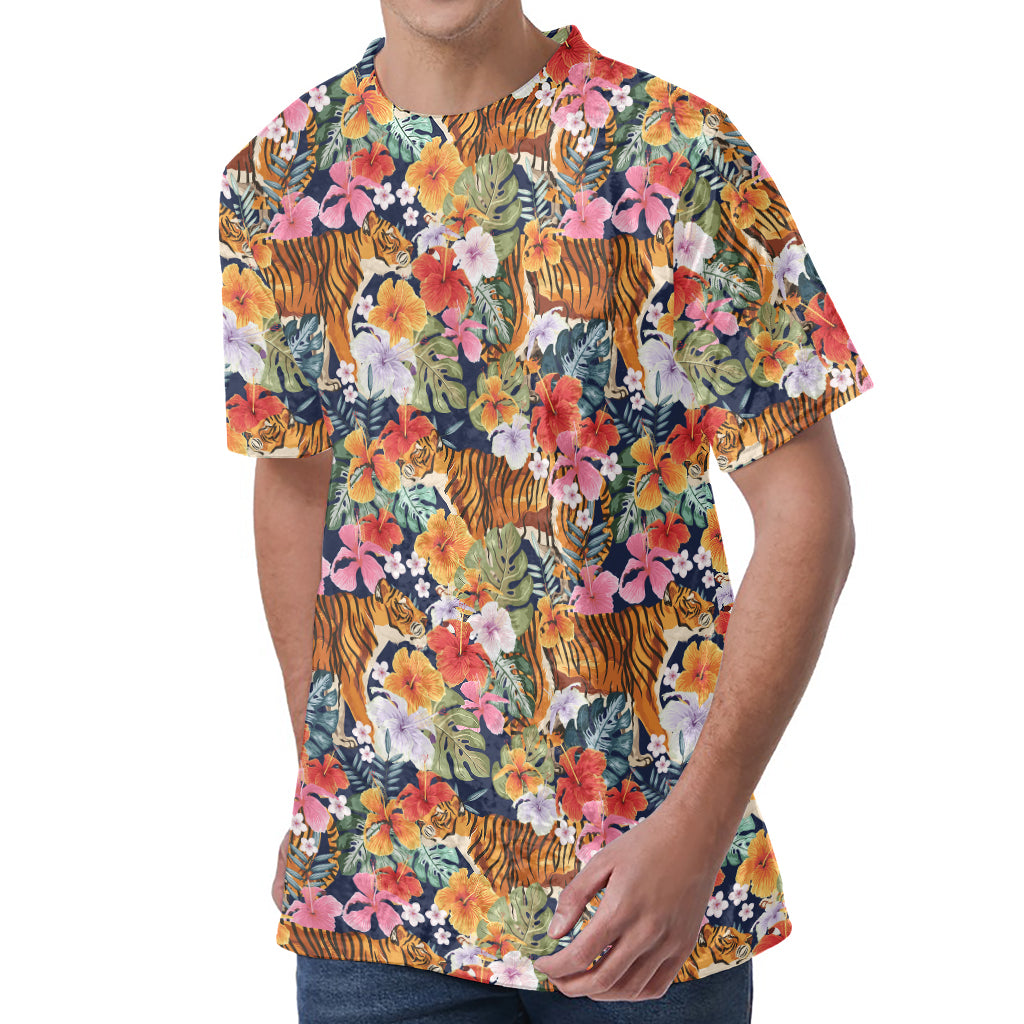 Flower And Tiger Pattern Print Men's Velvet T-Shirt