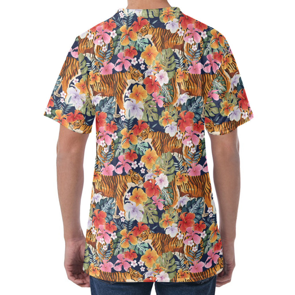 Flower And Tiger Pattern Print Men's Velvet T-Shirt