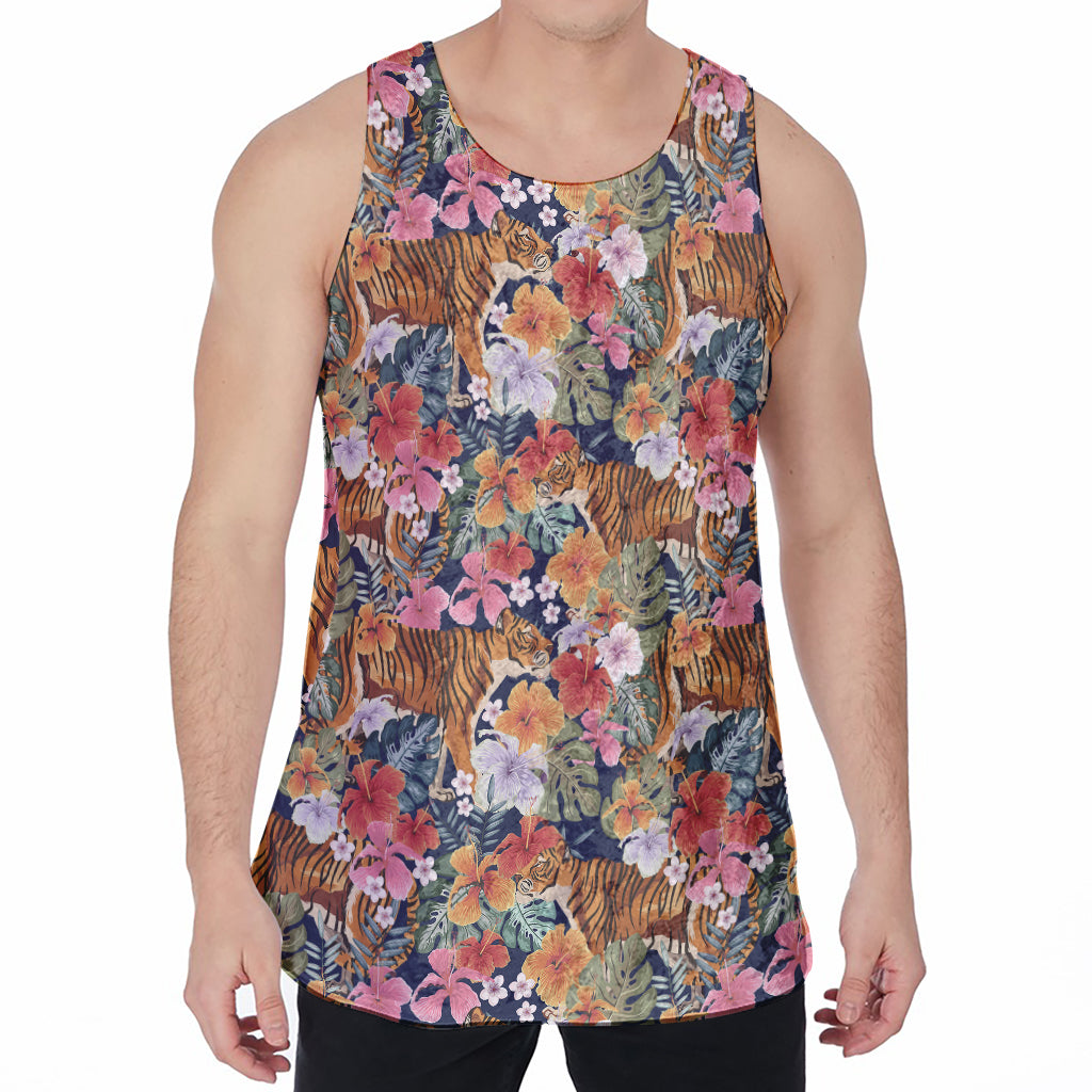 Flower And Tiger Pattern Print Men's Velvet Tank Top