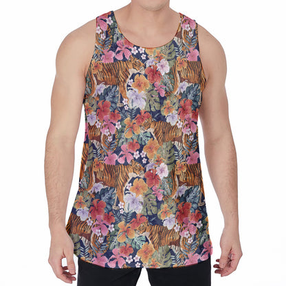 Flower And Tiger Pattern Print Men's Velvet Tank Top