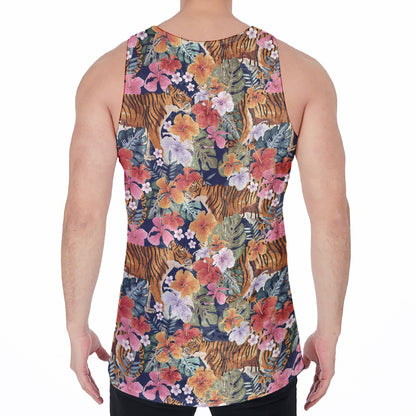 Flower And Tiger Pattern Print Men's Velvet Tank Top