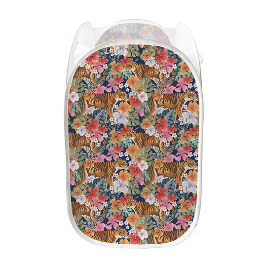 Flower And Tiger Pattern Print Mesh Laundry Hamper