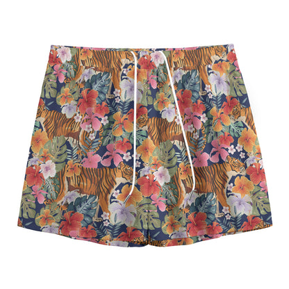 Flower And Tiger Pattern Print Mesh Shorts