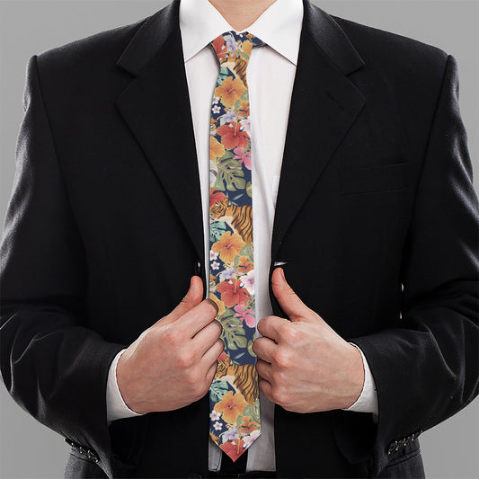 Flower And Tiger Pattern Print Necktie