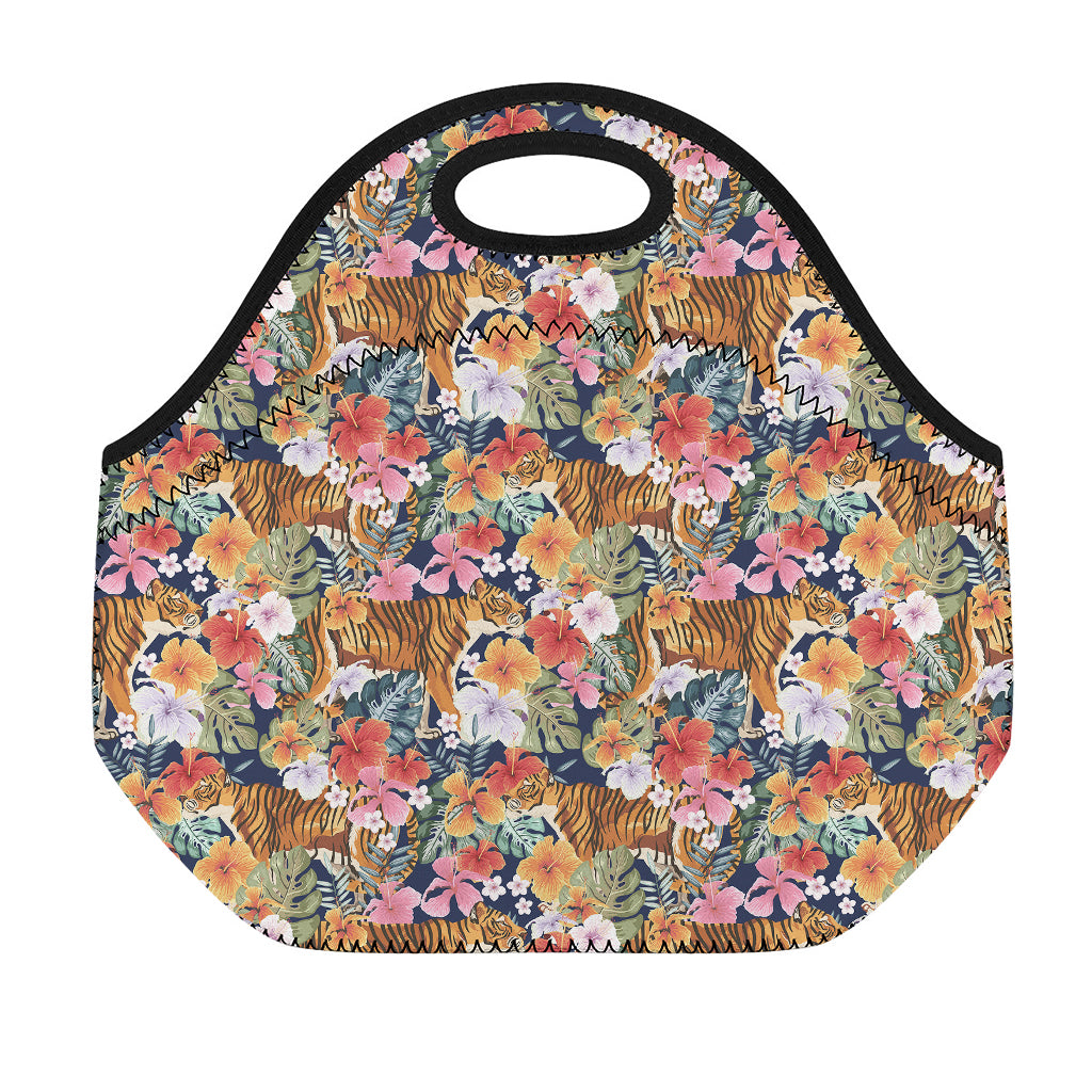 Flower And Tiger Pattern Print Neoprene Lunch Bag