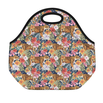 Flower And Tiger Pattern Print Neoprene Lunch Bag