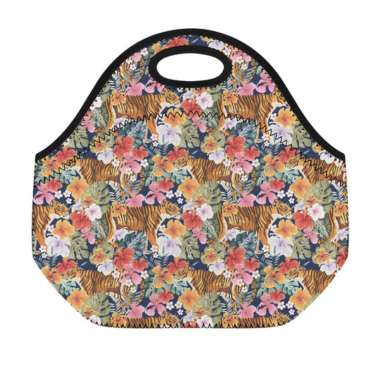 Flower And Tiger Pattern Print Neoprene Lunch Bag