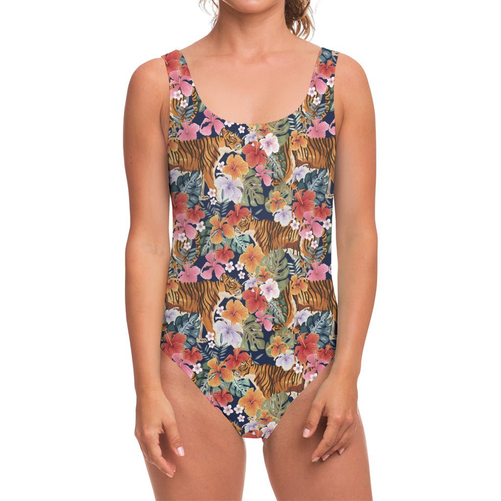 Flower And Tiger Pattern Print One Piece Swimsuit