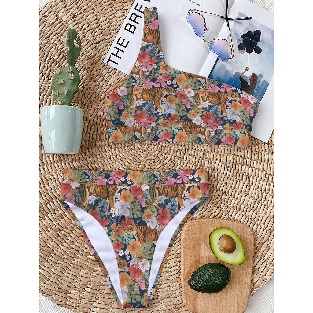 Flower And Tiger Pattern Print One Shoulder Bikini Top