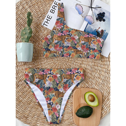 Flower And Tiger Pattern Print One Shoulder Bikini Top