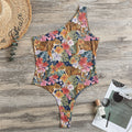 Flower And Tiger Pattern Print One Shoulder Bodysuit