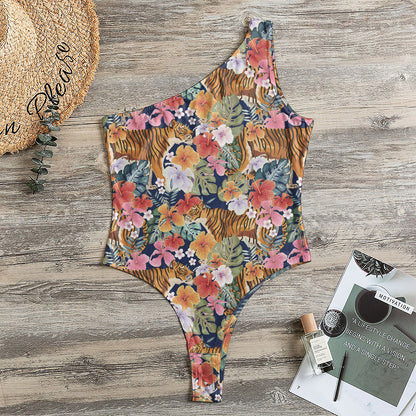 Flower And Tiger Pattern Print One Shoulder Bodysuit