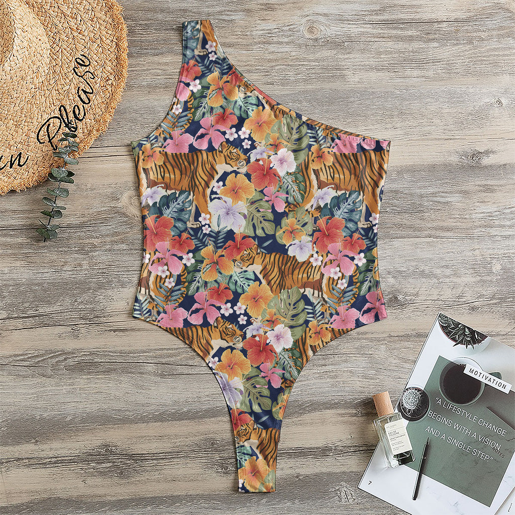 Flower And Tiger Pattern Print One Shoulder Bodysuit