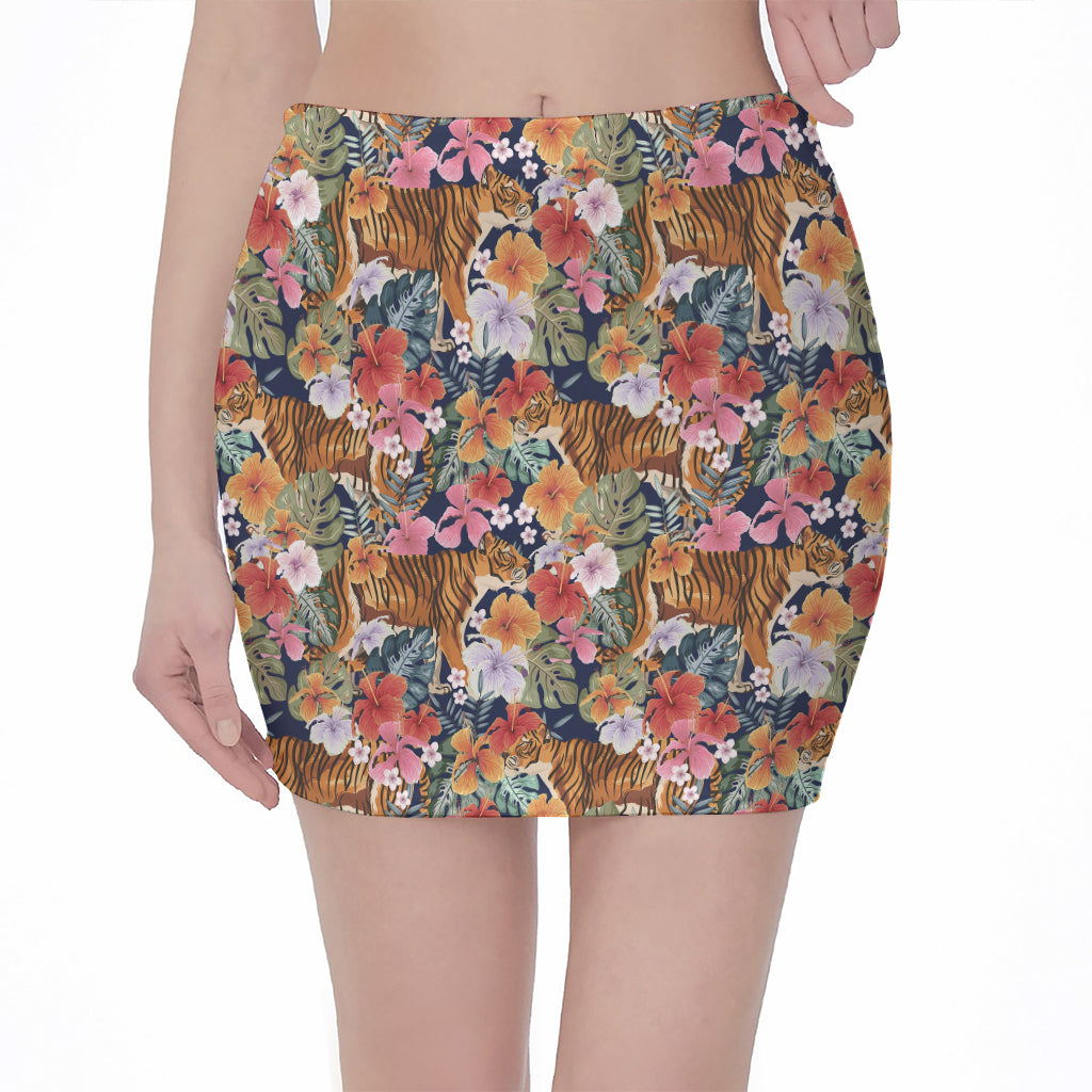 Flower And Tiger Pattern Print Pencil Mini Skirt