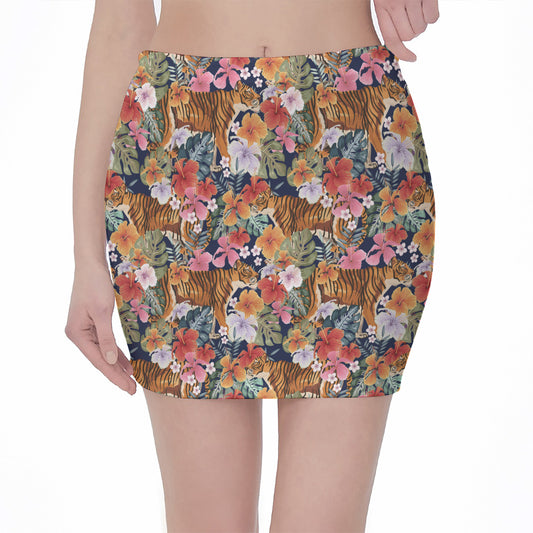Flower And Tiger Pattern Print Pencil Mini Skirt