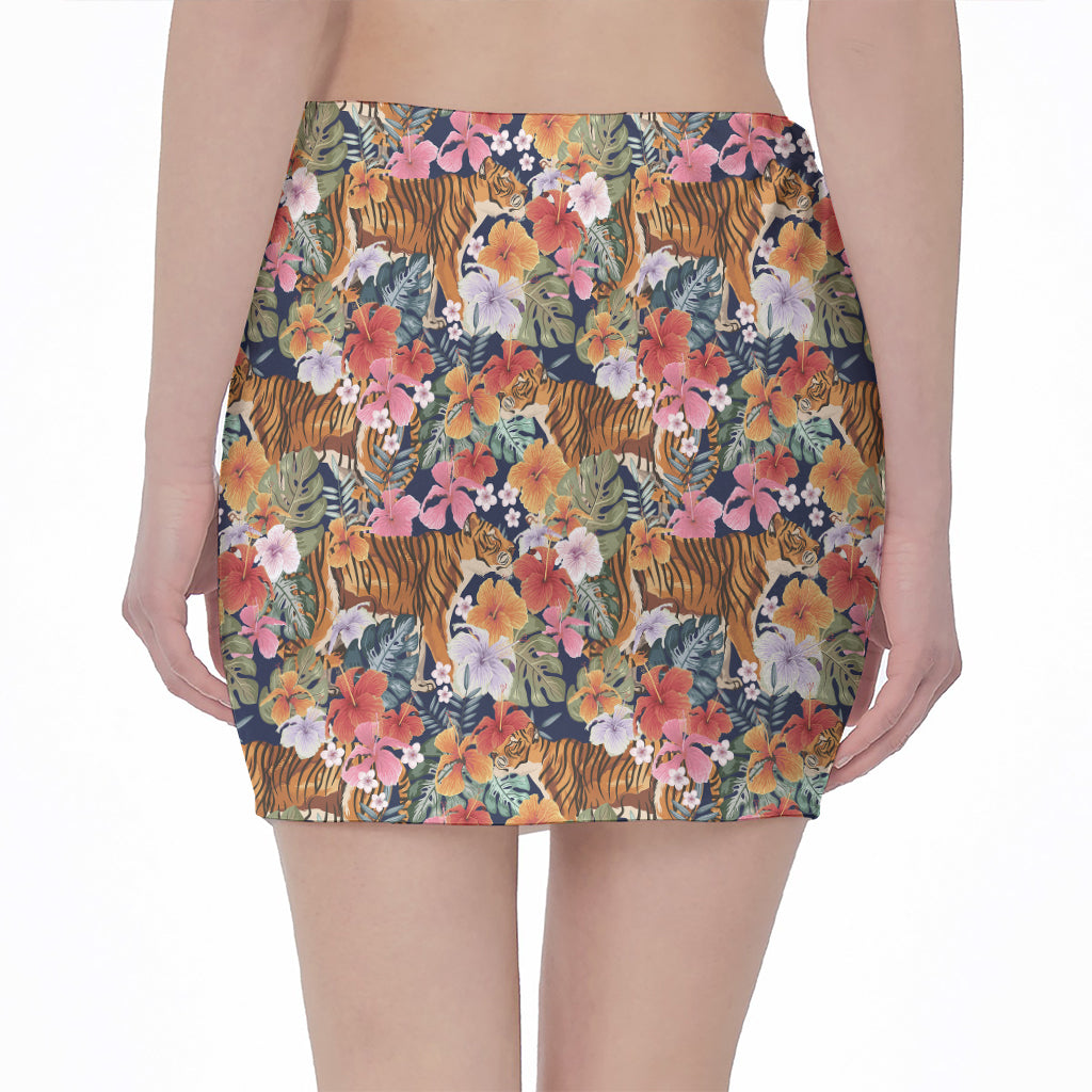 Flower And Tiger Pattern Print Pencil Mini Skirt