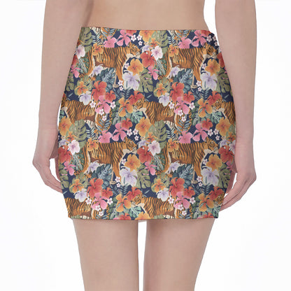 Flower And Tiger Pattern Print Pencil Mini Skirt