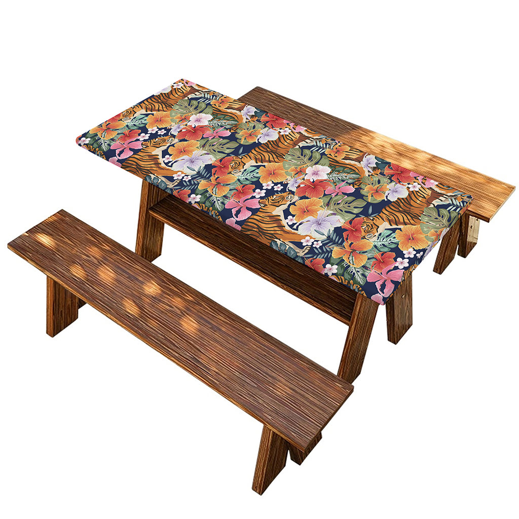 Flower And Tiger Pattern Print Picnic Table Cover