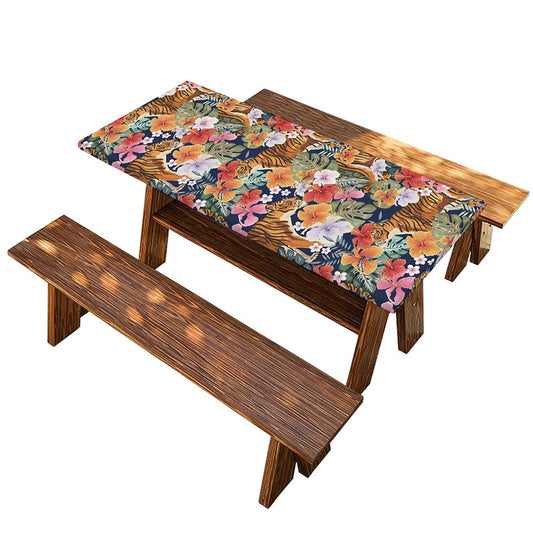 Flower And Tiger Pattern Print Picnic Table Cover
