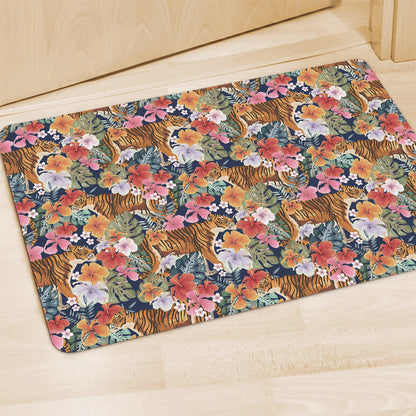 Flower And Tiger Pattern Print Polyester Doormat