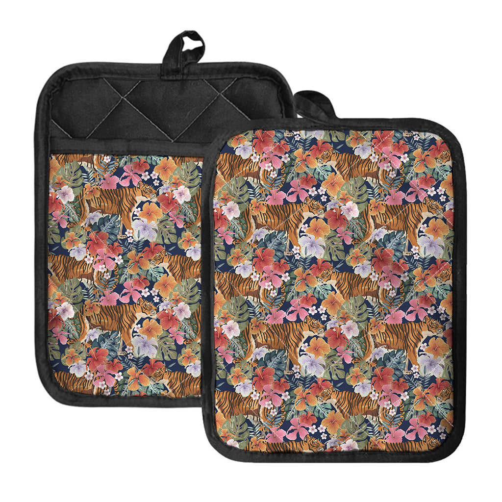 Flower And Tiger Pattern Print Pot Holders With Pocket