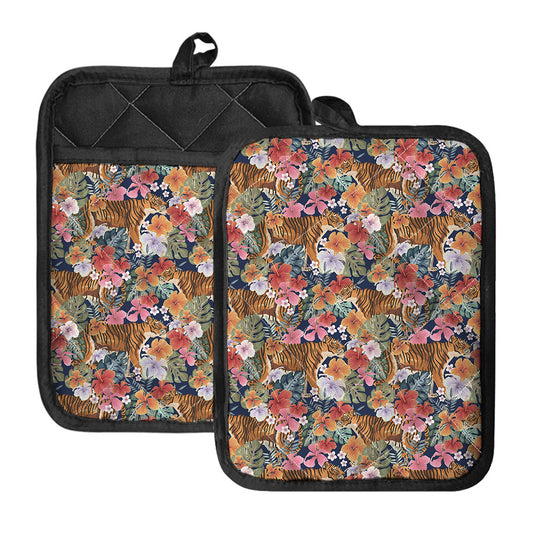 Flower And Tiger Pattern Print Pot Holders With Pocket