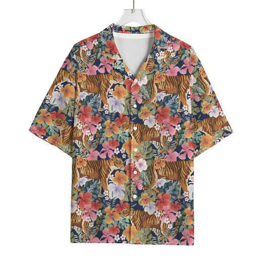 Flower And Tiger Pattern Print Rayon Hawaiian Shirt