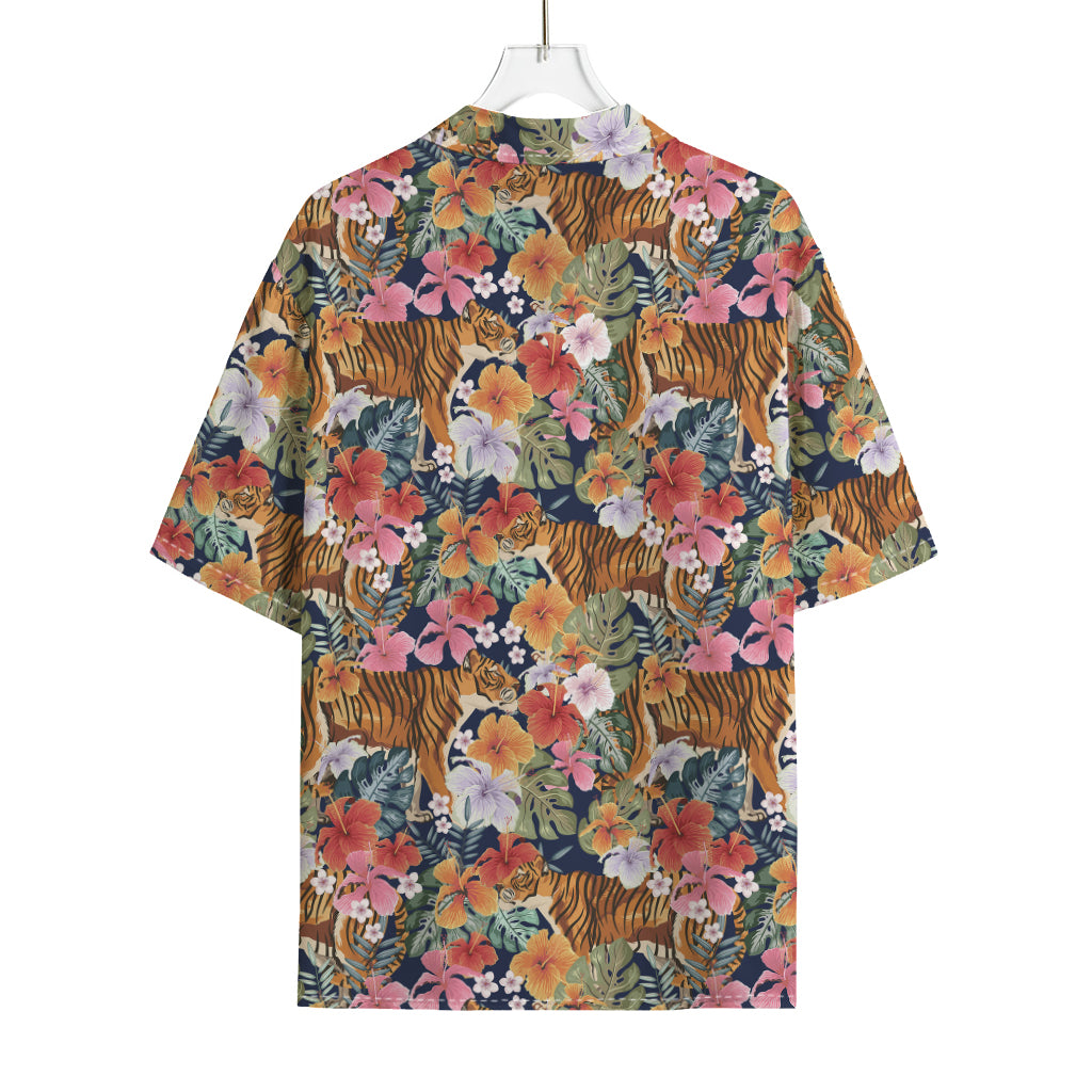 Flower And Tiger Pattern Print Rayon Hawaiian Shirt