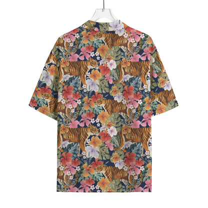 Flower And Tiger Pattern Print Rayon Hawaiian Shirt