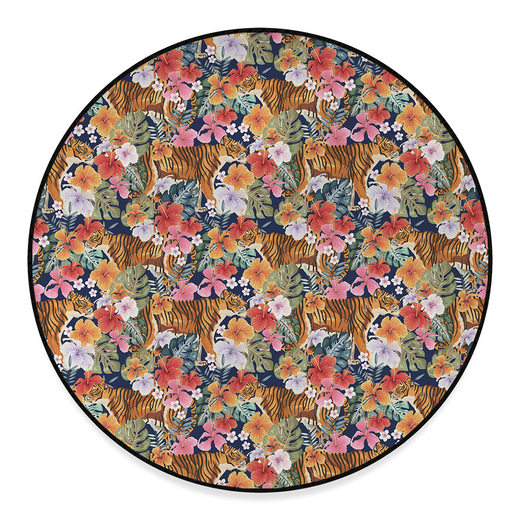 Flower And Tiger Pattern Print Round Floor Mat